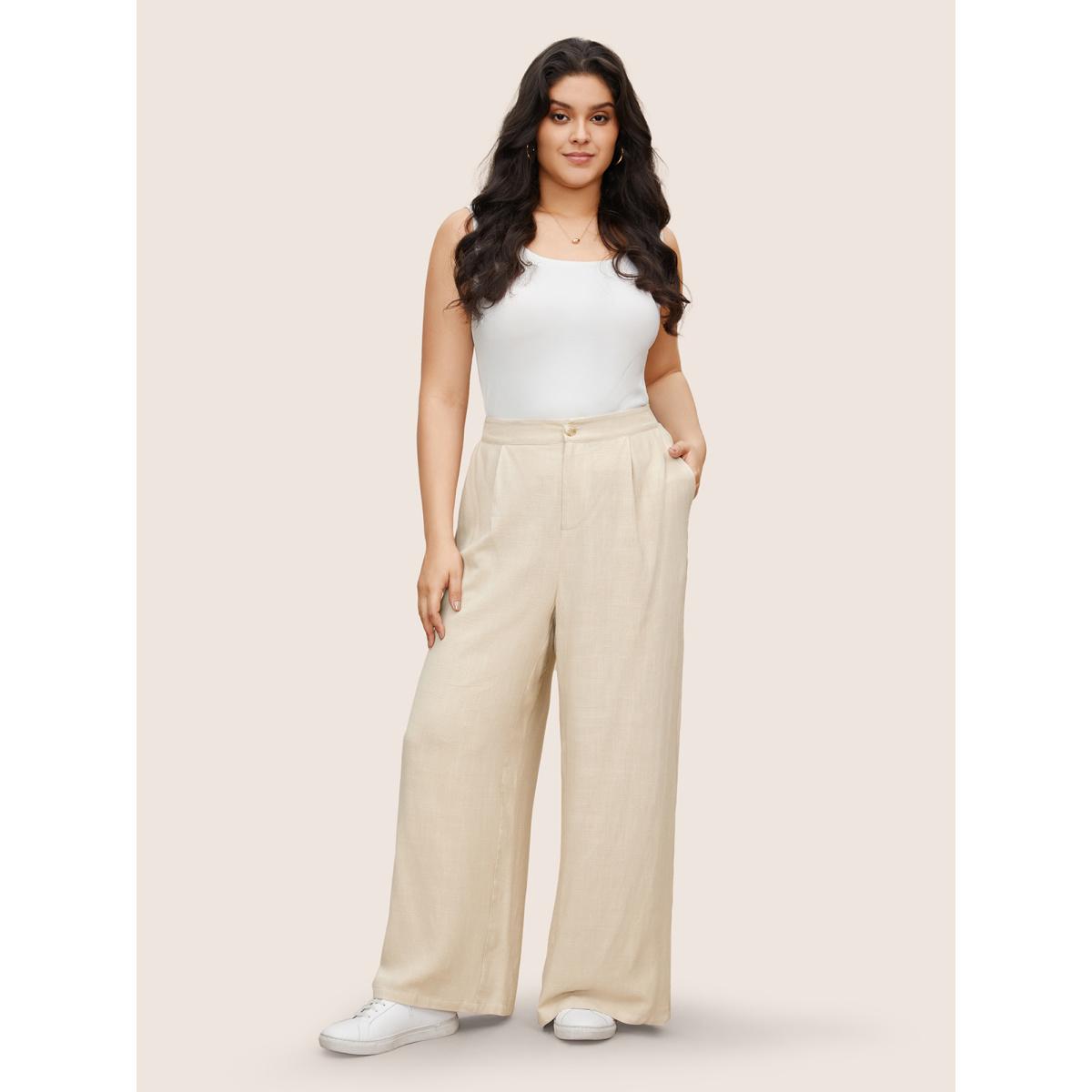Plus Size Solid Side Seam Pocket Wide Leg Pants Women Apricot Casual Wide Leg High Rise Everyday Pants BloomChic 18-20/2X Product Image