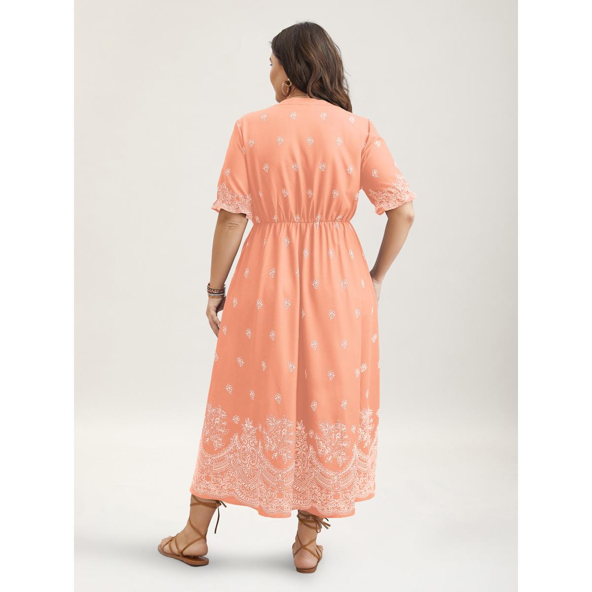 Plus Size Floral Waist-Tie Notched Collar Midi Dress Nudepink Women Boho Ruffles Notched collar Half Sleeve Curvy BloomChic 30/6X Product Image