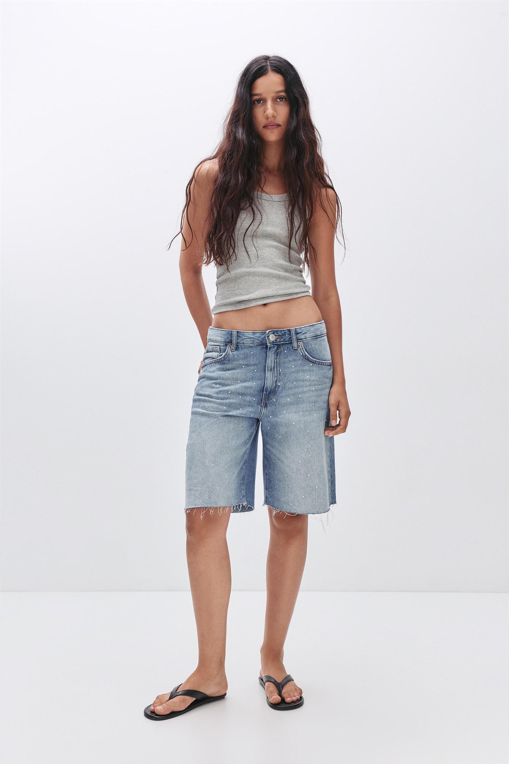 Denim Bermuda shorts with rhinestones Product Image