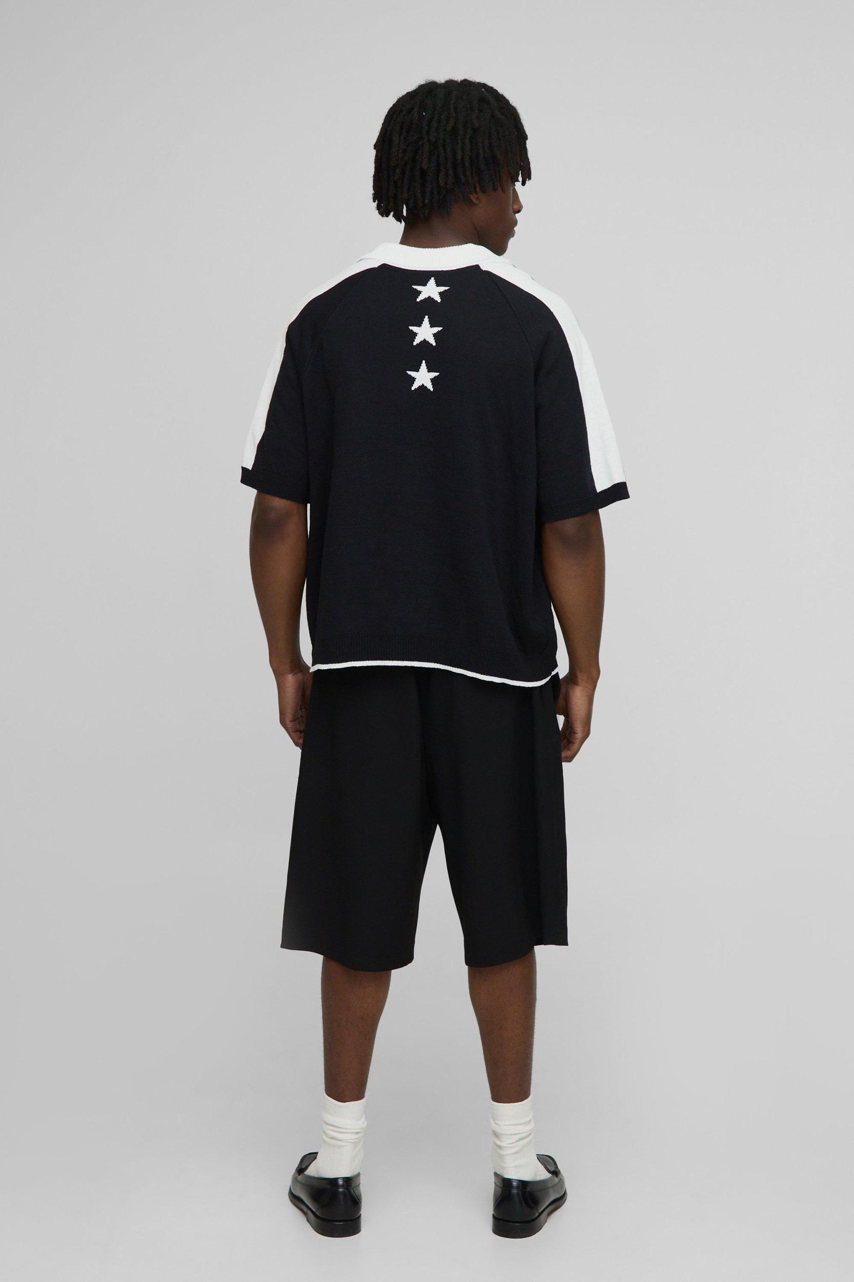 Worldwide Oversized Boxy Moto Jacquard Knitted Polo | boohooMAN USA Product Image