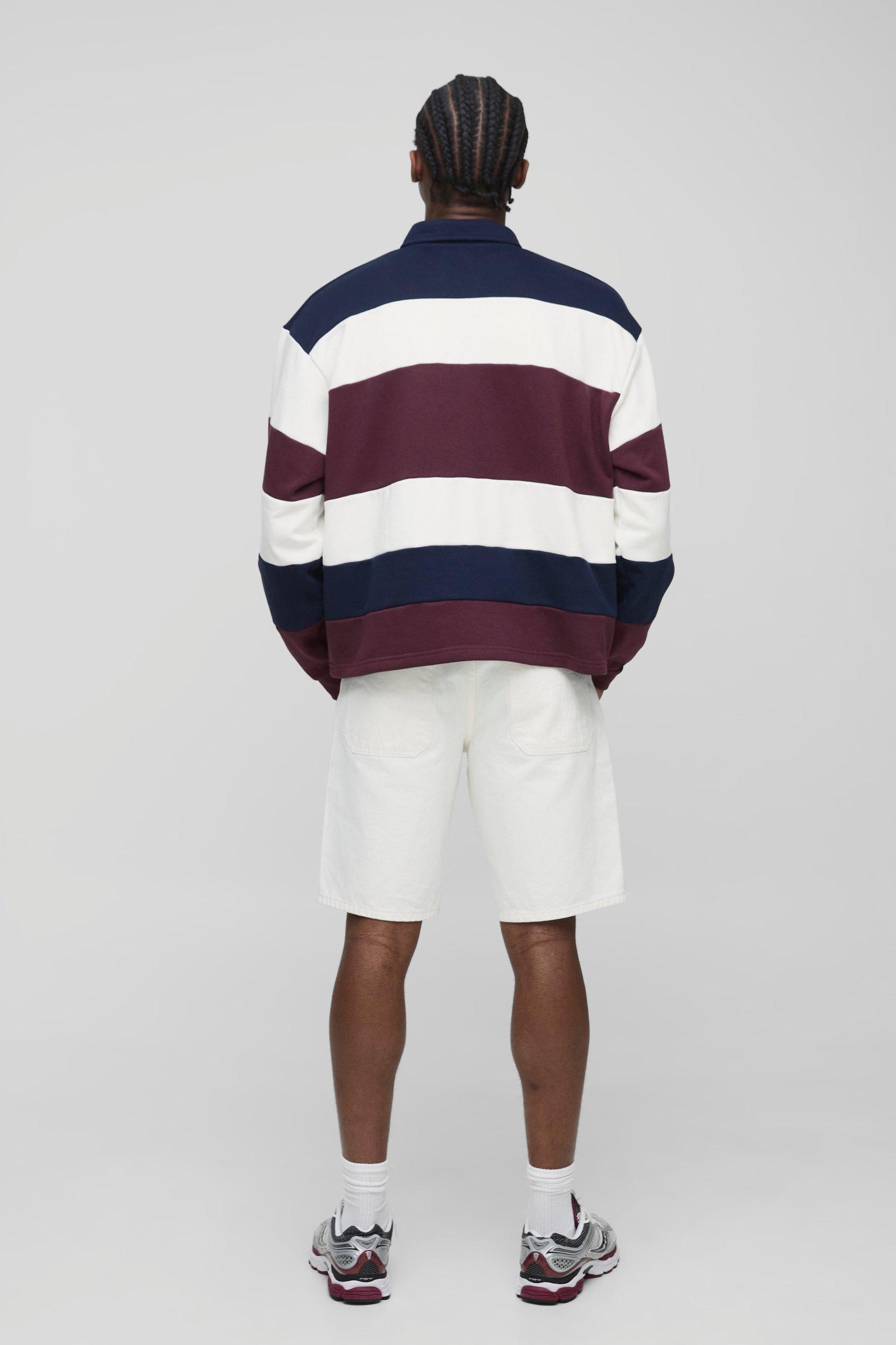 Oversized Boxy Stripe Embroidered Rugby Polo Sweatshirt | boohooMAN USA Product Image