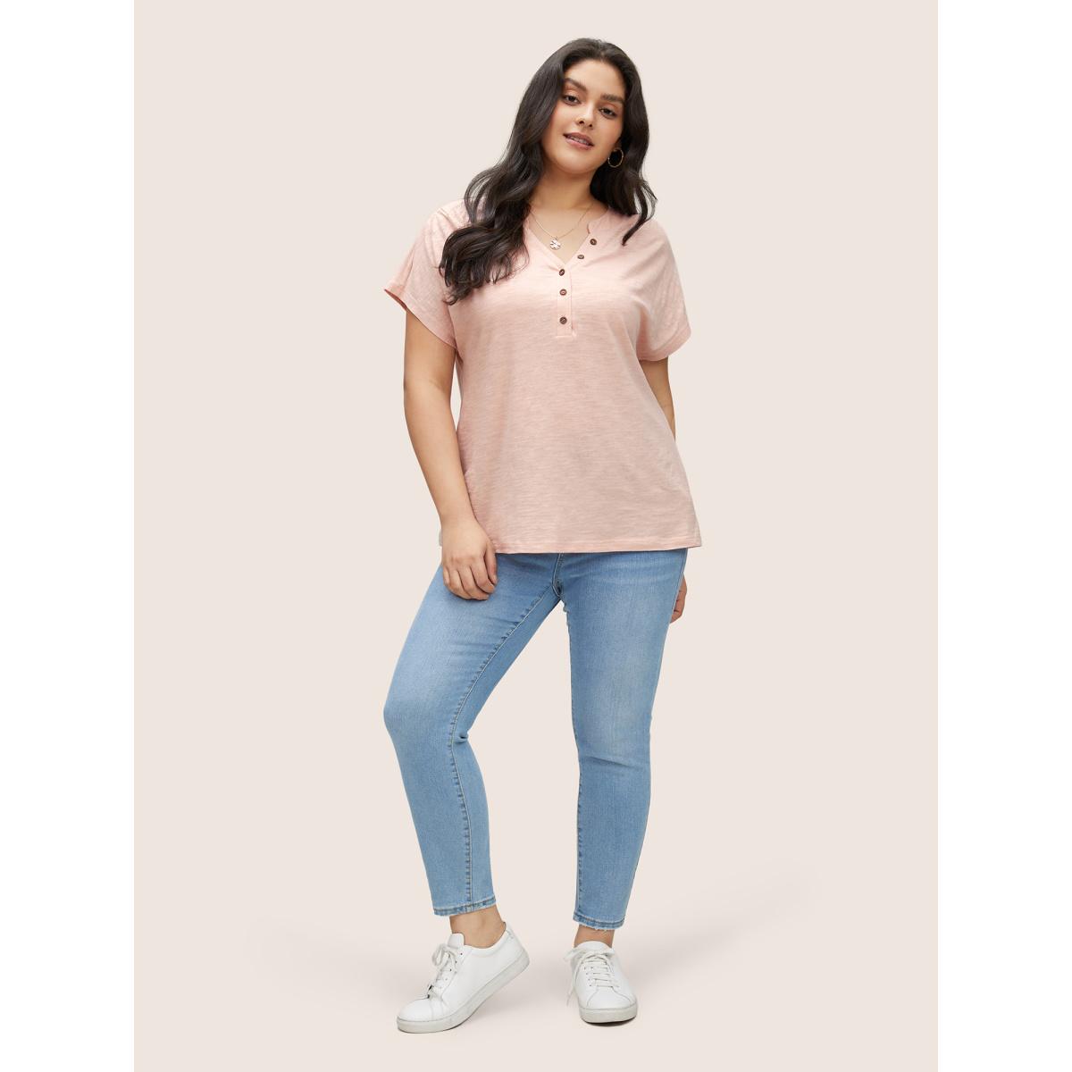 Plus Size Cotton Solid Notched Dolman Sleeve T-shirt Crepe Women Casual Non Plain Notched collar Everyday T-shirts BloomChic 12/L Product Image