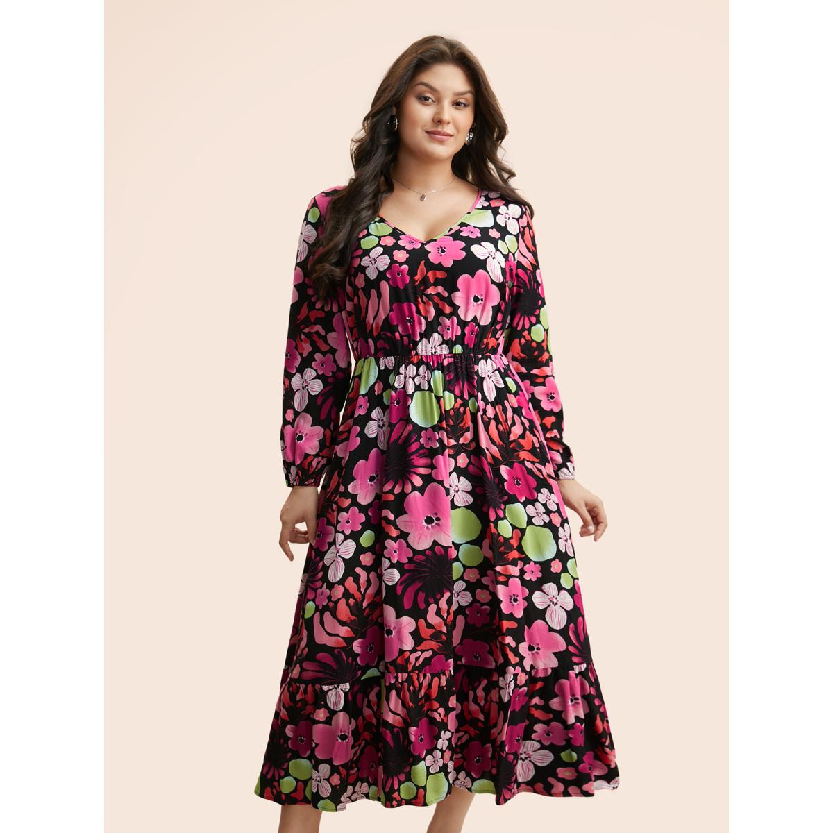 Plus Size Floral V Neck Lantern Sleeve Dress Black Women Elegant Non V-neck Long Sleeve Curvy BloomChic 14-16/1X Product Image
