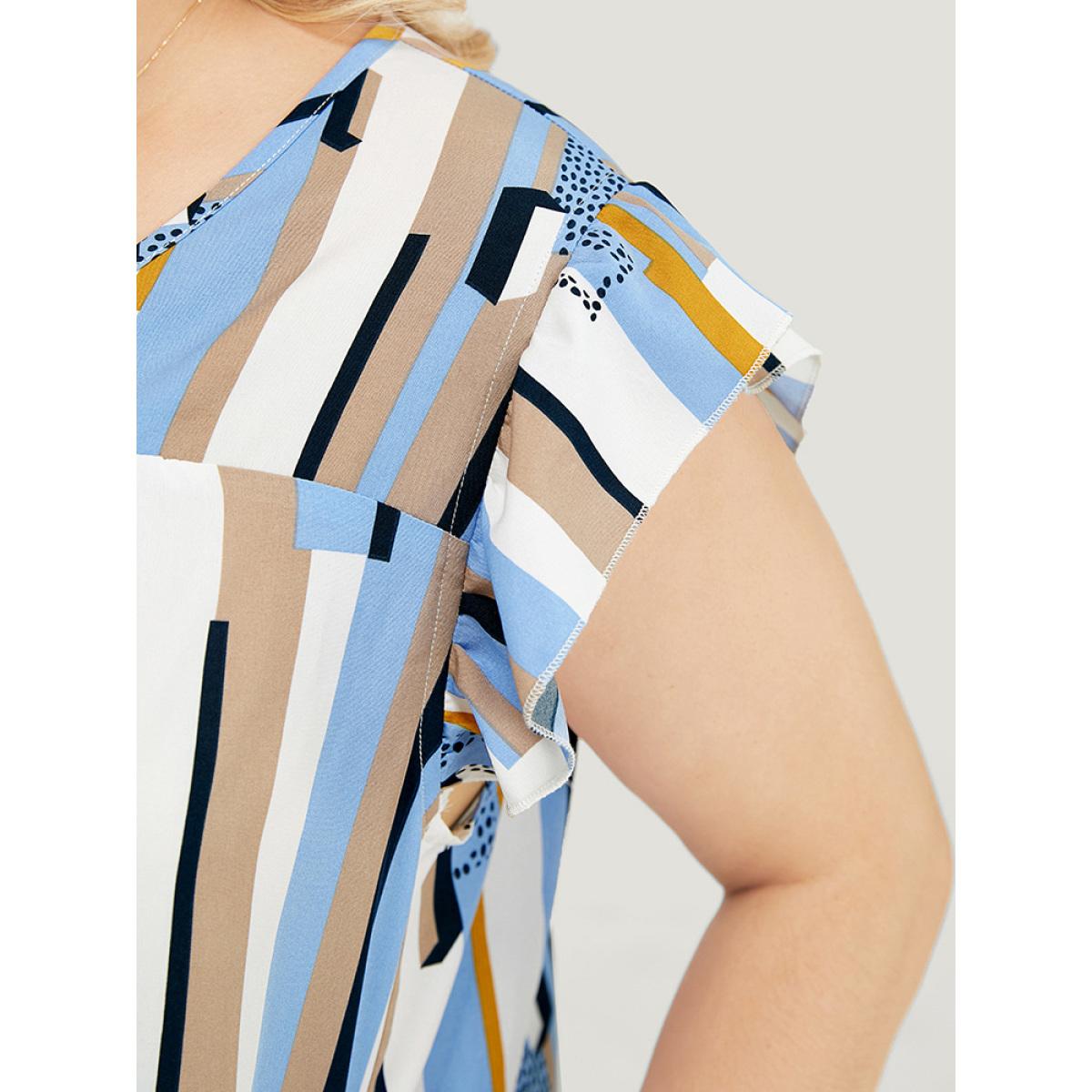 Plus Size Geometric Print V Neck Pocket Flutter Cap Sleeve Midi Dress Multicolor Women Elegant Ruffles V-neck Cap Sleeve Curvy Knee Dress BloomChic 26/4X Product Image