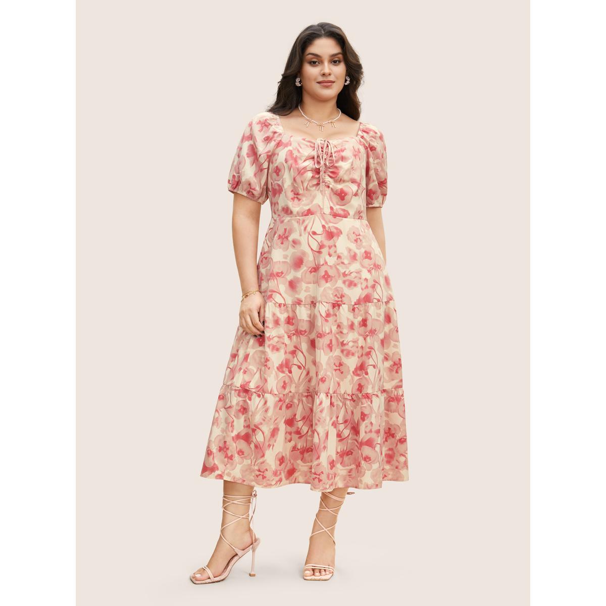 Plus Size Floral Drawstring Tie Knot Puff Sleeve Midi Dress Blush Women Elegant Gathered Square Neck Short sleeve Curvy BloomChic 30/6X Product Image