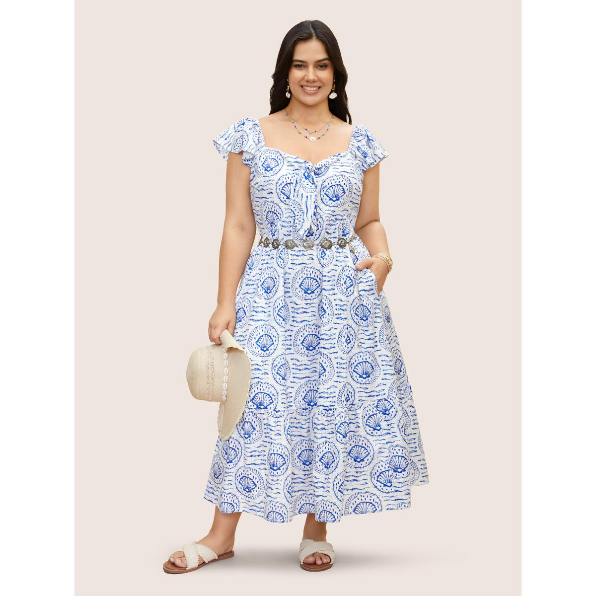 Plus Size Marine Elements Ruffles Tie Knot Maxi Dress LightBlue Women Resort Tie knot Heart neckline Cap Sleeve Curvy BloomChic 28/5X Product Image
