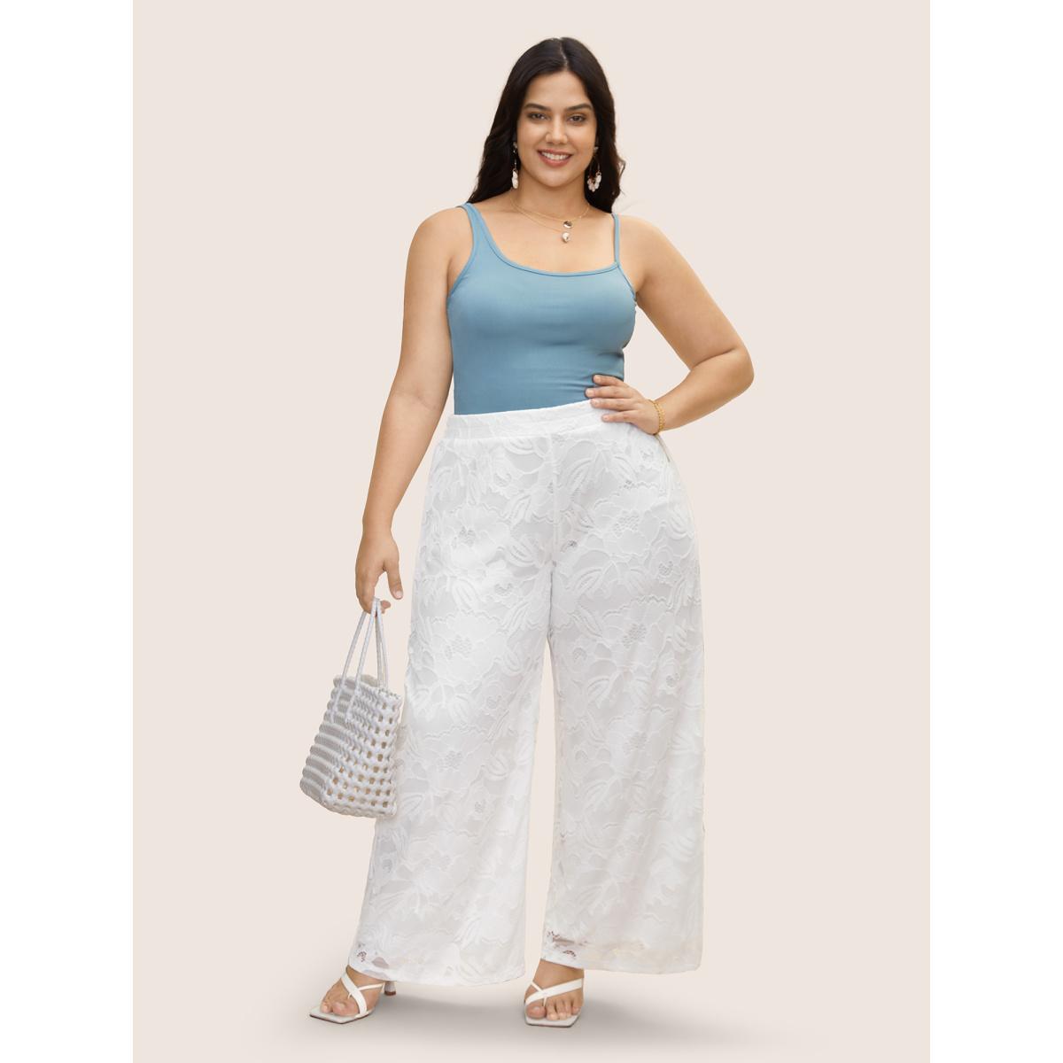 Plus Size Crochet Lace Mesh Wide Leg Pants Women WhiteSmoke Resort Wide Leg Mid Rise Vacation Pants BloomChic 12/L Product Image