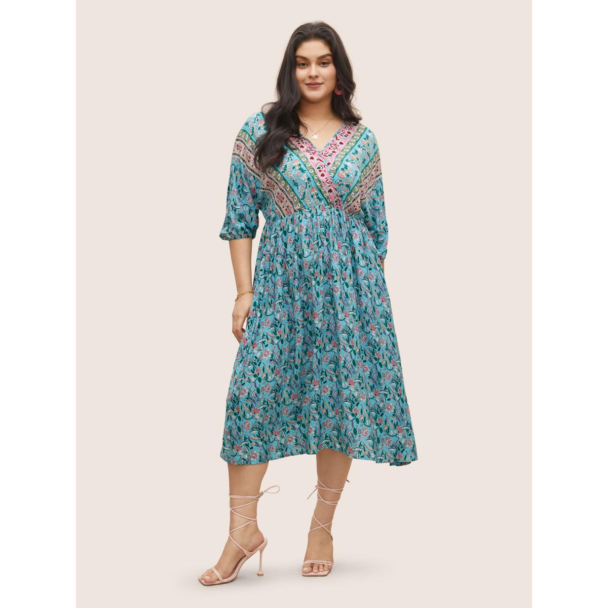 Plus Size Boho Print Wrap Elastic Waist Lantern Sleeve Dress Turquoise Women Resort Overlapping Overlap Collar Elbow-length sleeve Curvy Midi Dress BloomChic 26/4X Product Image