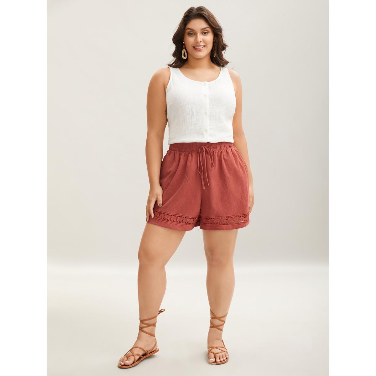 Plus Size Lace Trim Waist-Tie Shorts Women Russet Timeless Cut-Out Straight Leg Elegant Shorts BloomChic 18-20/2X Product Image