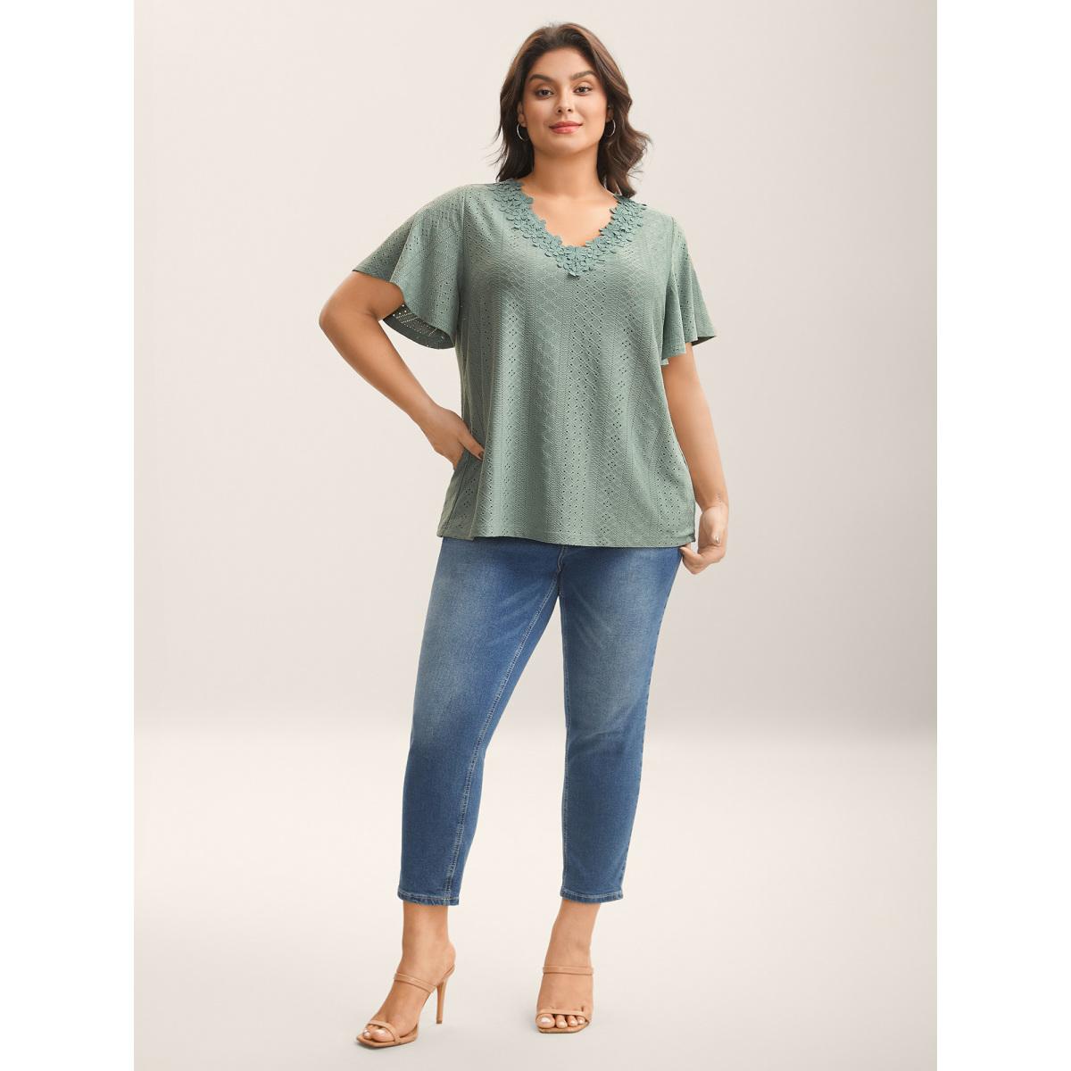 Plus Size Textured Eyelet Stretchy V-Neck T-Shirt Sage Women Woven ribbon&lace trim V-neck Everyday-Elegant T-shirts BloomChic 14-16/1X Product Image