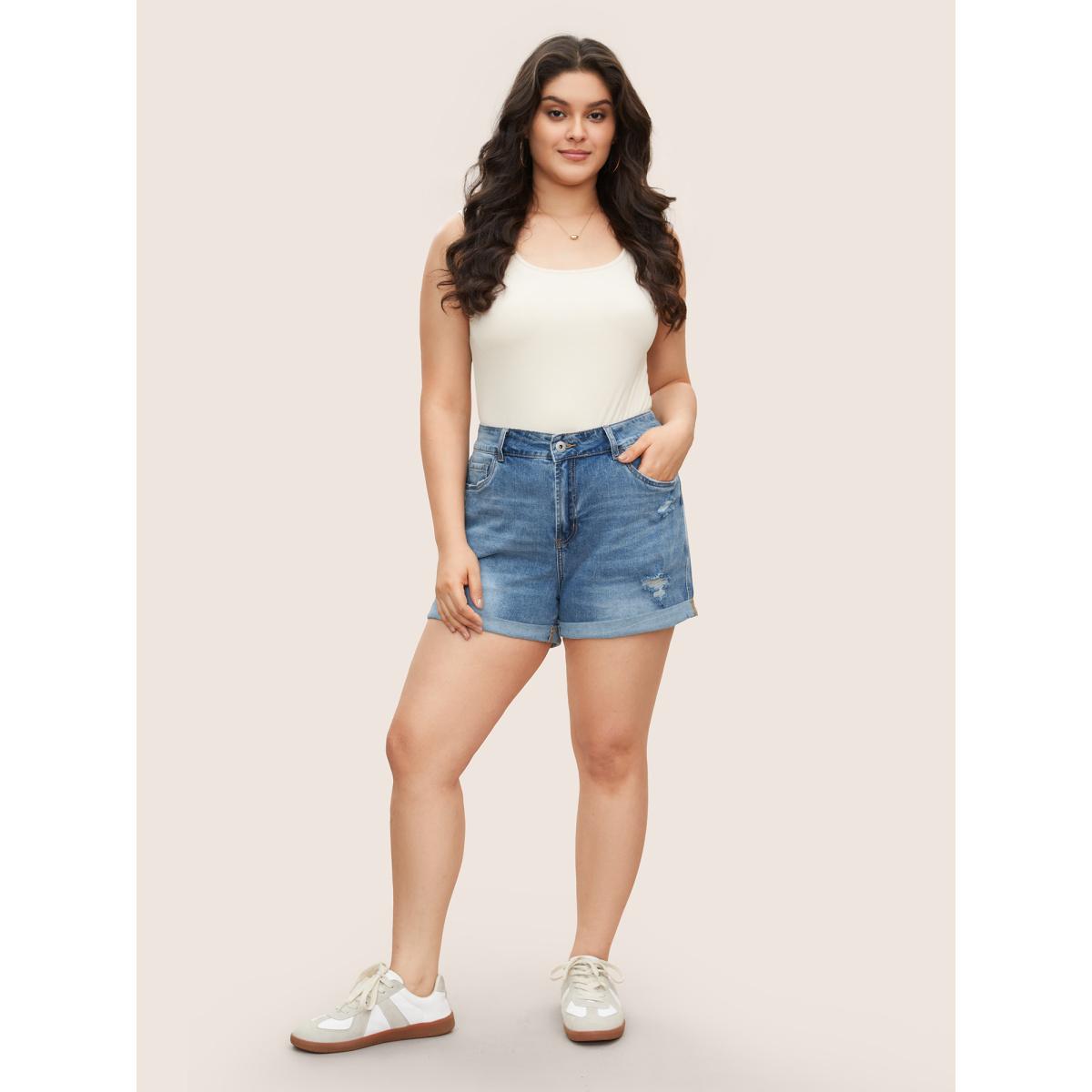 Plus Size Skinny Very Stretchy Light Wash Roll Hem Distressed Denim Shorts Women Blue High stretch Everyday Slanted pocket Casual Denim Shorts BloomChic 12/L Product Image