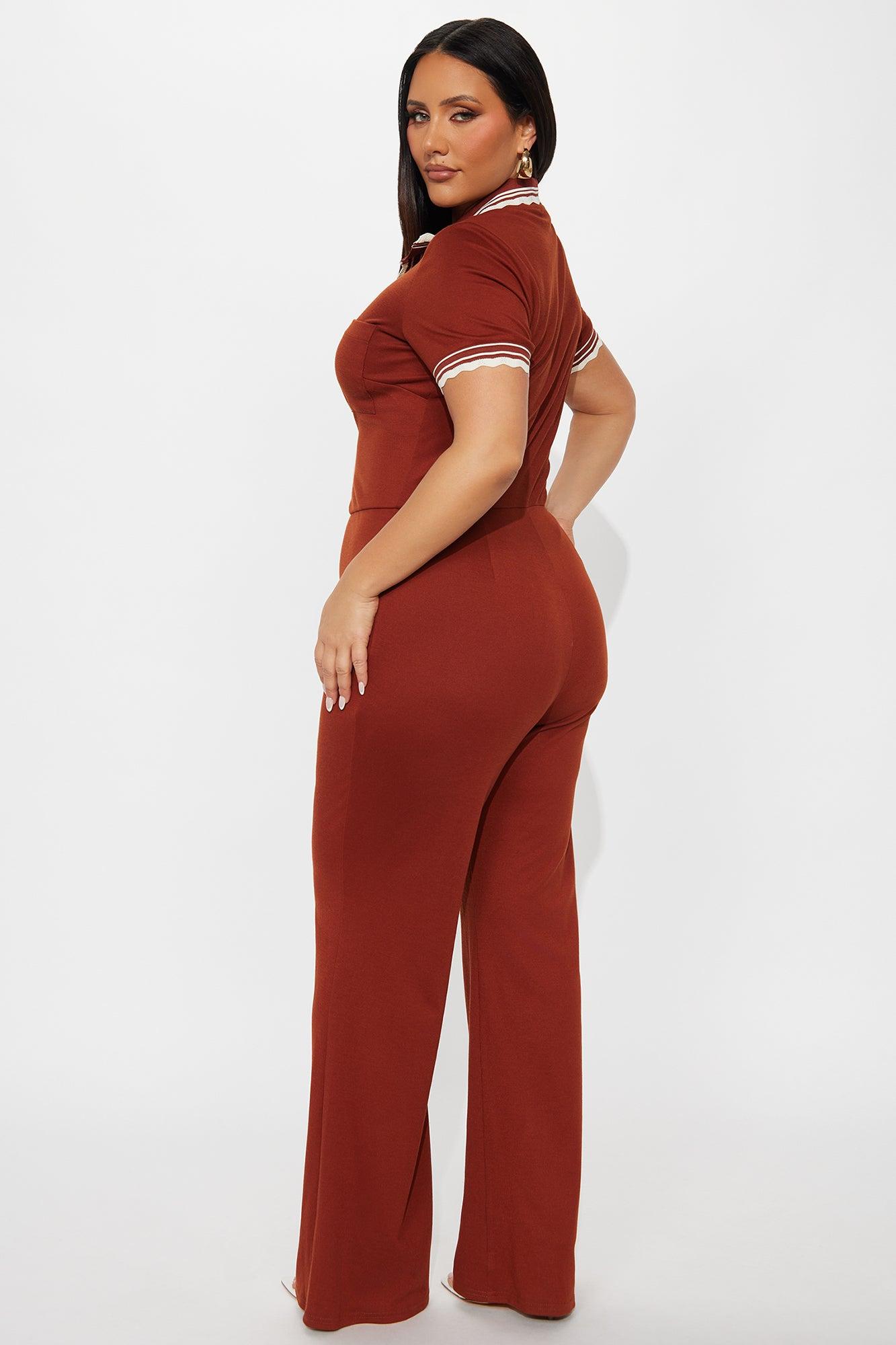 Juliette Ribbed Flare Leg Jumpsuit - Rust Female Product Image