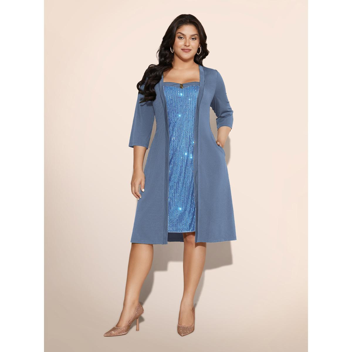 Plus Size Heart Neckline Patchwork Sequin Button Detail Dress Skyblue Women Cocktail Texture Party Curvy Bloomchic 22-24/3X Product Image