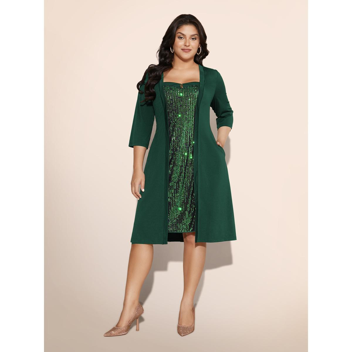Plus Size Heart Neckline Patchwork Sequin Button Detail Dress DarkGreen Women Party&Cocktail Texture Party Curvy Bloomchic 30/6X Product Image