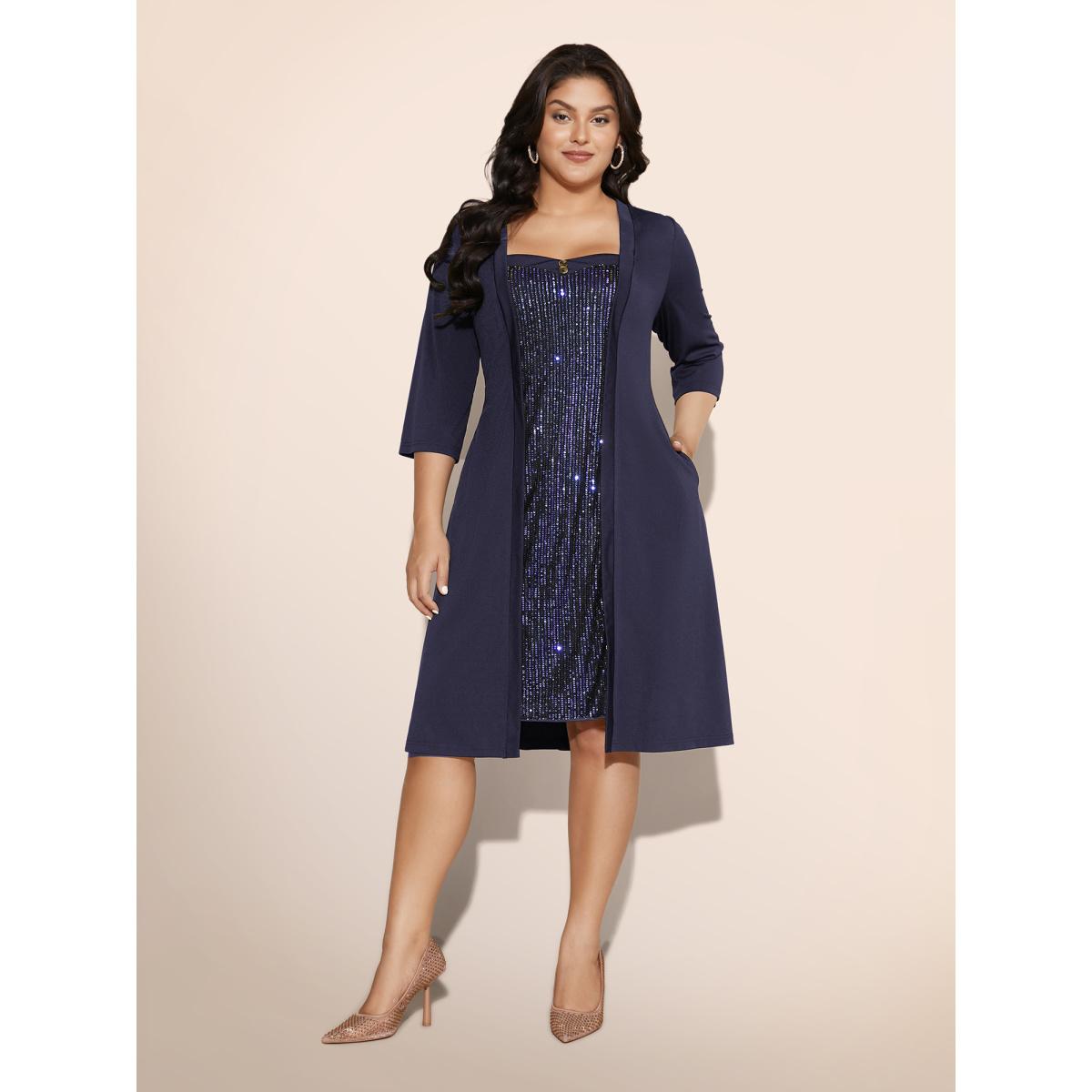 Plus Size Heart Neckline Patchwork Sequin Button Detail Dress DarkBlue Women Party&Cocktail Texture Party Curvy Bloomchic 12/L Product Image