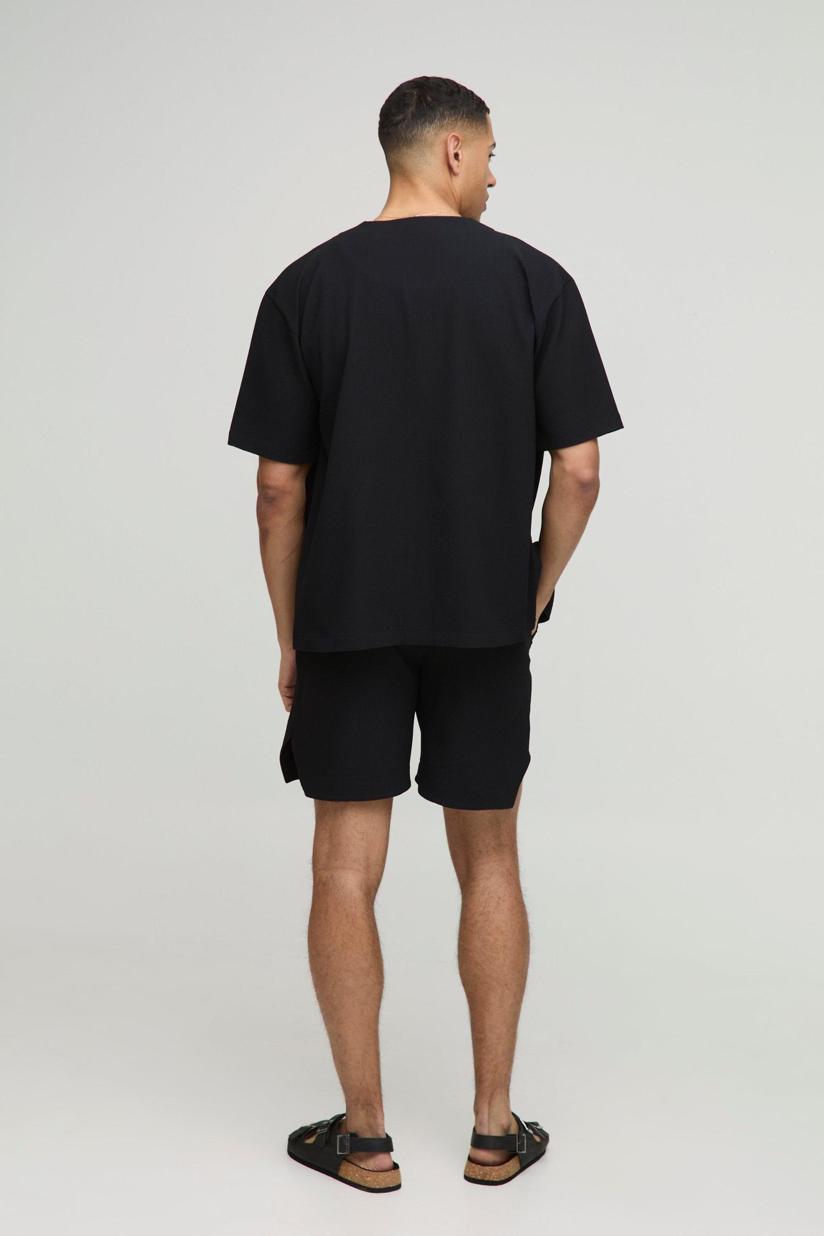 Oversized Collarless Pleated Shirt & Runner Short Set | boohooMAN USA Product Image