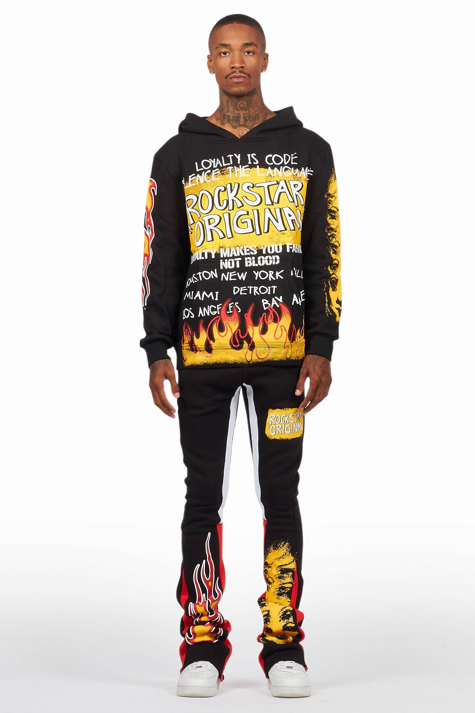 Beno Black/Yellow Stacked Flare Hoodie Track Set Male Product Image