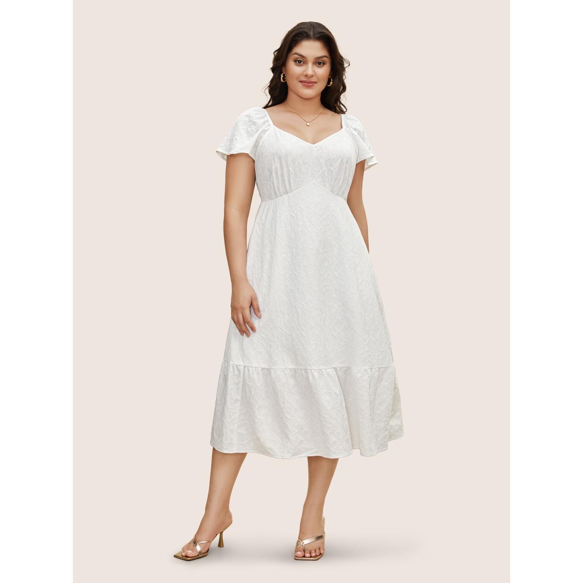Plus Size Heart Neckline Jacquard Textured Midi Dress Ivory Women Resort Texture Heart neckline Short sleeve Curvy BloomChic 10/M Product Image