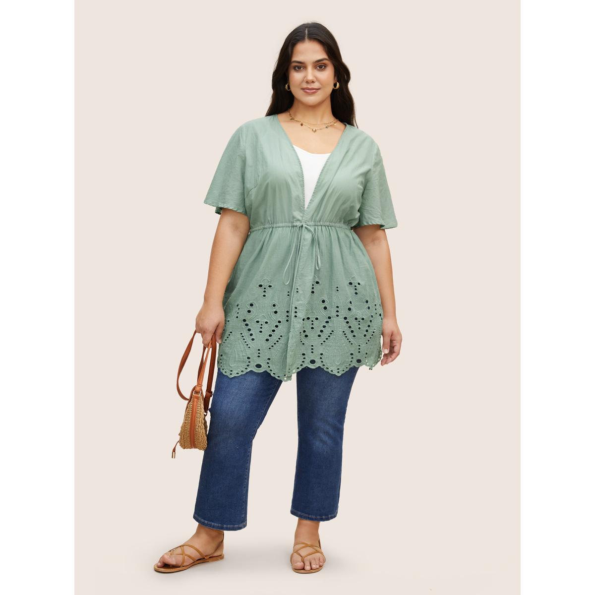 Plus Size Plain Broderie Anglaise Drawstring Kimono Women Mint Resort Embroidered Vacation Kimonos BloomChic 30/6X Product Image