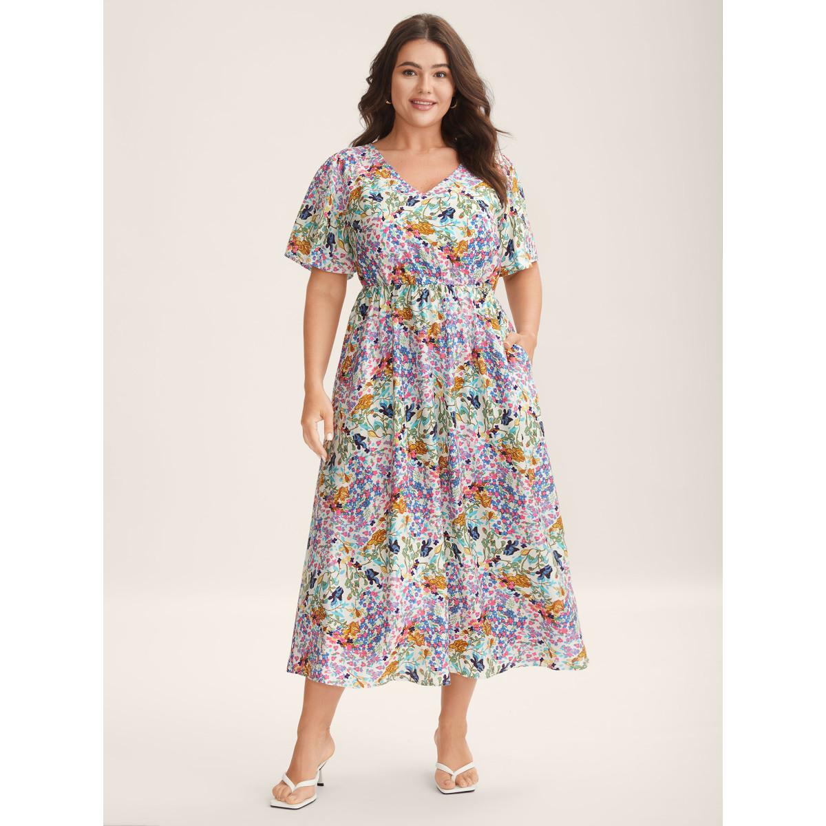 Plus Size Floral Print Cinched-Waist Pockets Midi Dress Mediumblue Women Timeless V-neck Short sleeve Curvy BloomChic 22-24/3X Product Image