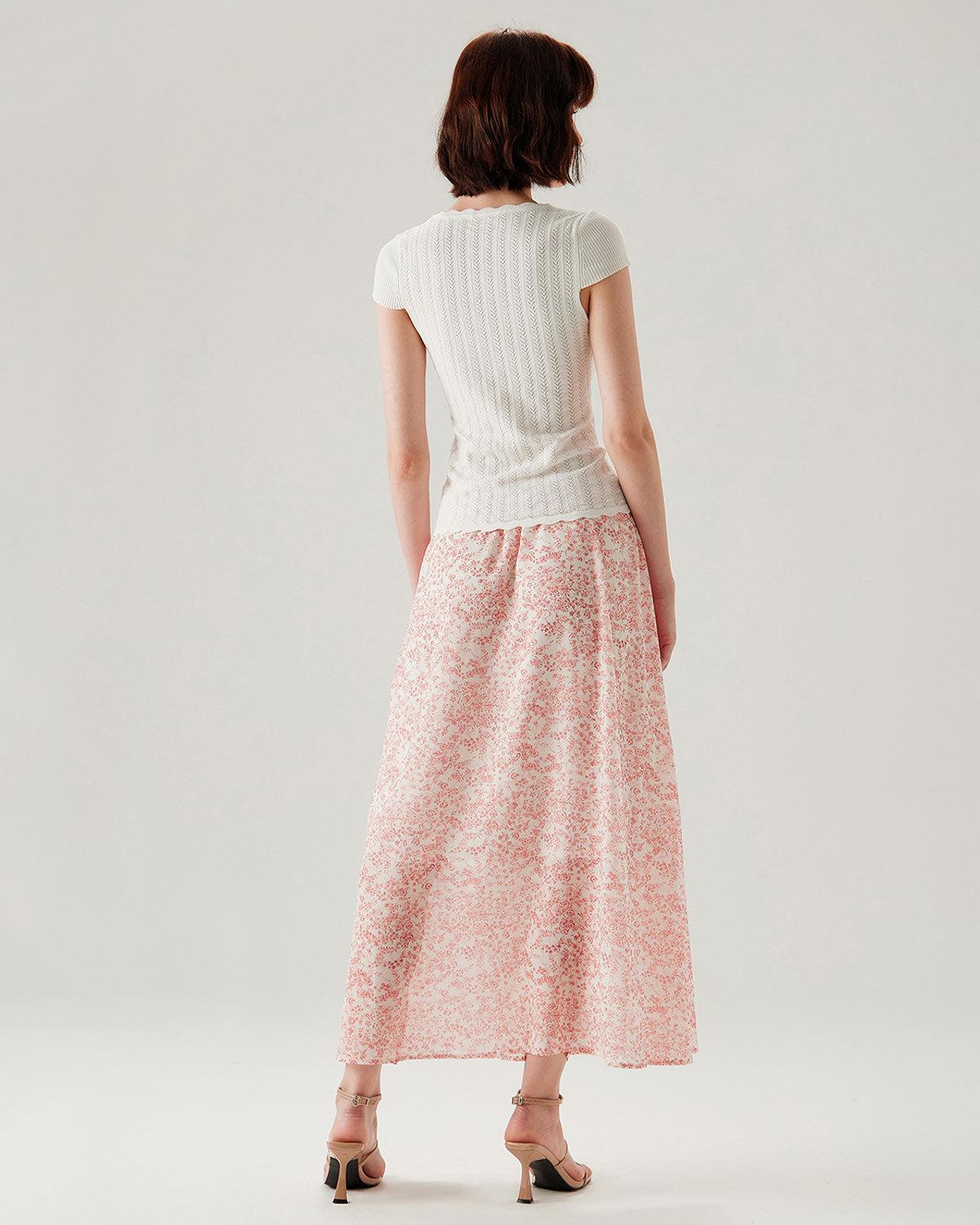 Pink Floral Elastic Waist Flared Skirt Product Image