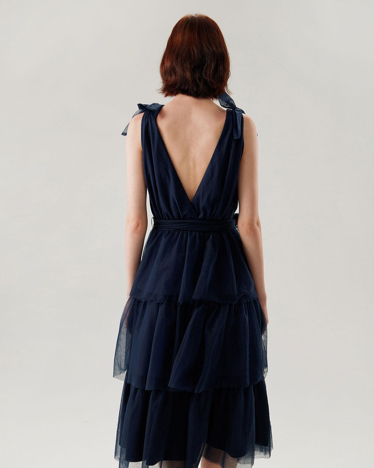 Navy Tiered Backless Maxi Dress Product Image
