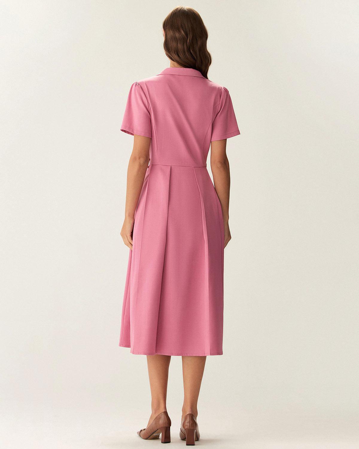 Rose Red V-Neck Button Midi Dress Product Image