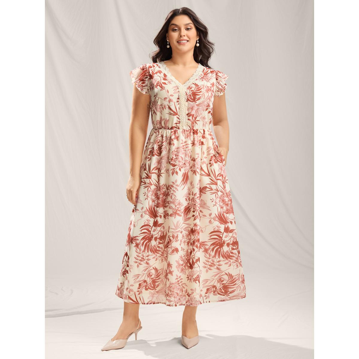 Plus Size Large Flower Print Lace Trim Maxi Dress Beanpastepowder Women V-neck Cap Sleeve Curvy BloomChic 22-24/3X Product Image
