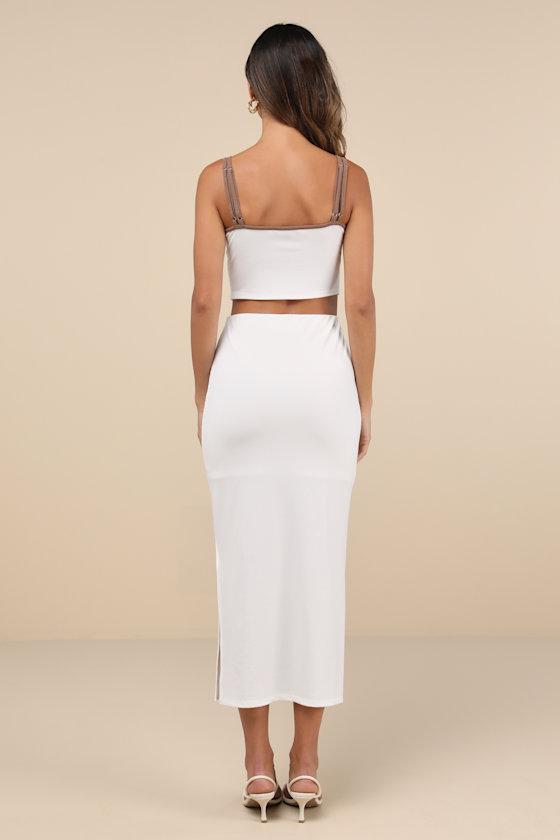 Trendy Match White and Brown Ribbed Two-Piece Midi Dress Product Image