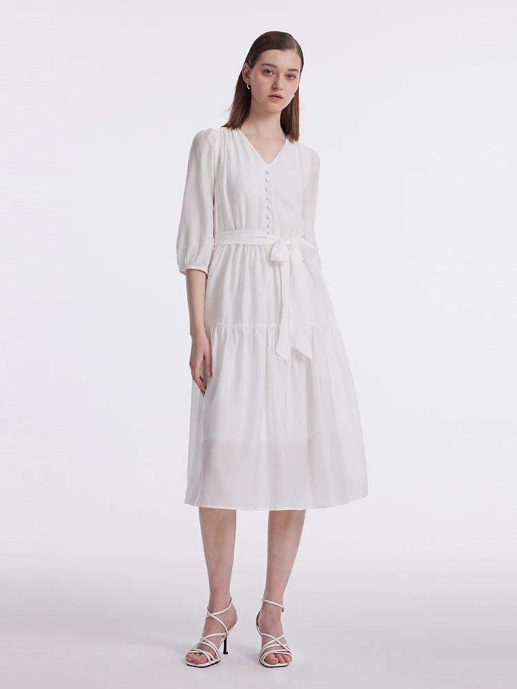 White V-Neck Gathered Waist Midi Dress Product Image