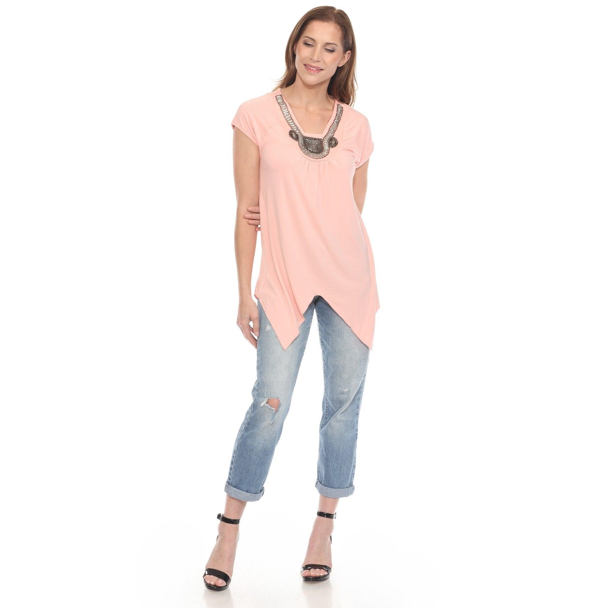 Coral Pink Beaded Angled Hem Knit Top Product Image