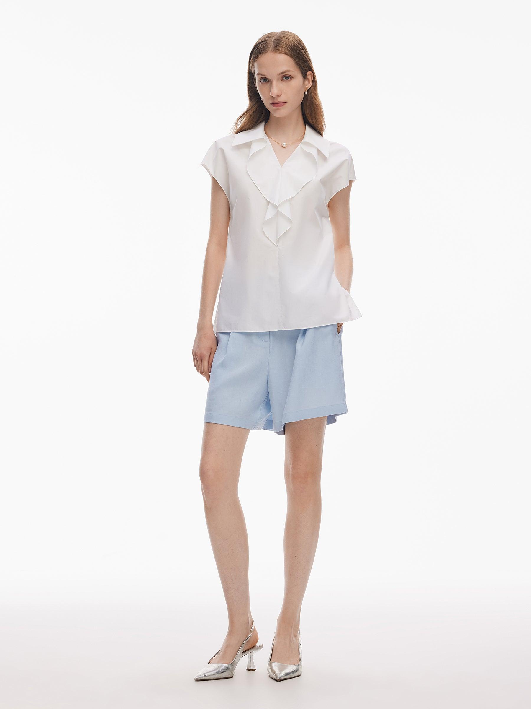 100% Cotton Ruffle Trim Women Blouse Product Image