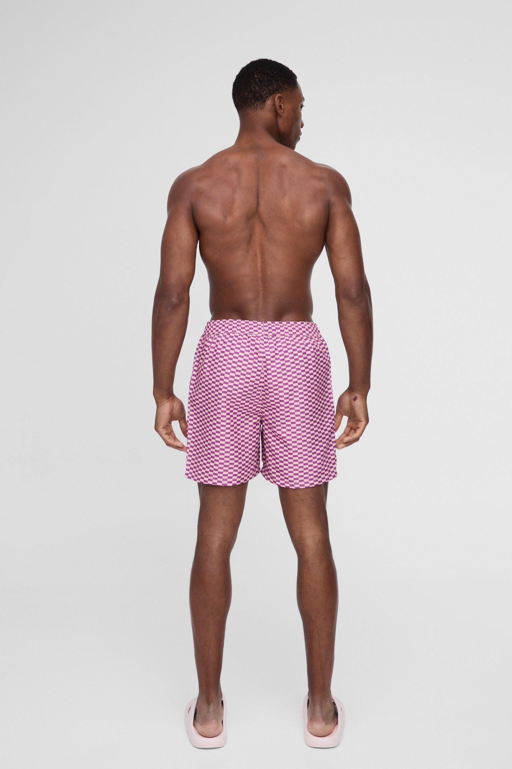 Mid Length Checkerboard Swim Trunks | boohooMAN USA Product Image