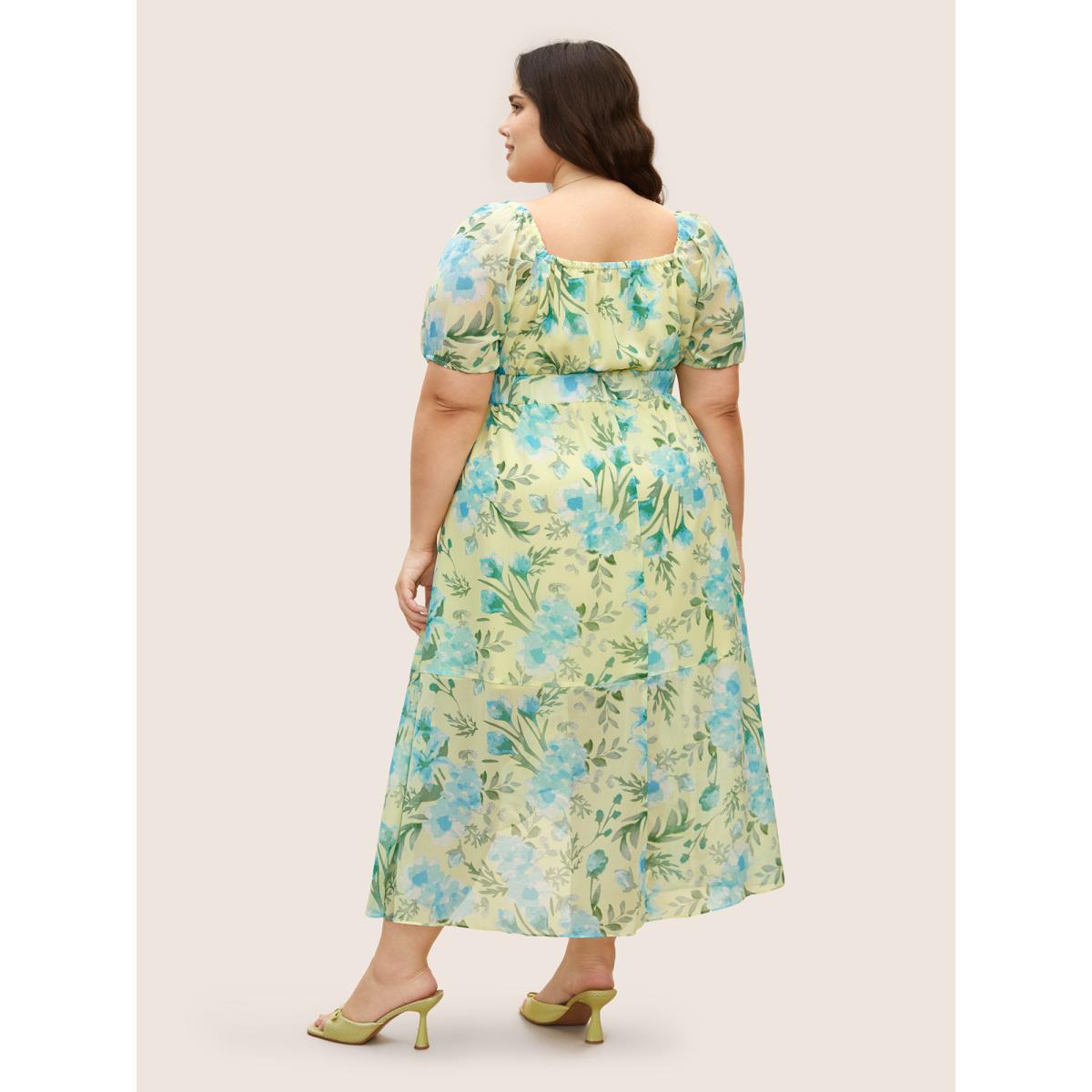 Plus Size Watercolor Floral Drawstring Wrap Hem Dress YellowGreen Women Elegant Drawstring Square Neck Short sleeve Curvy BloomChic 18-20/2X Product Image