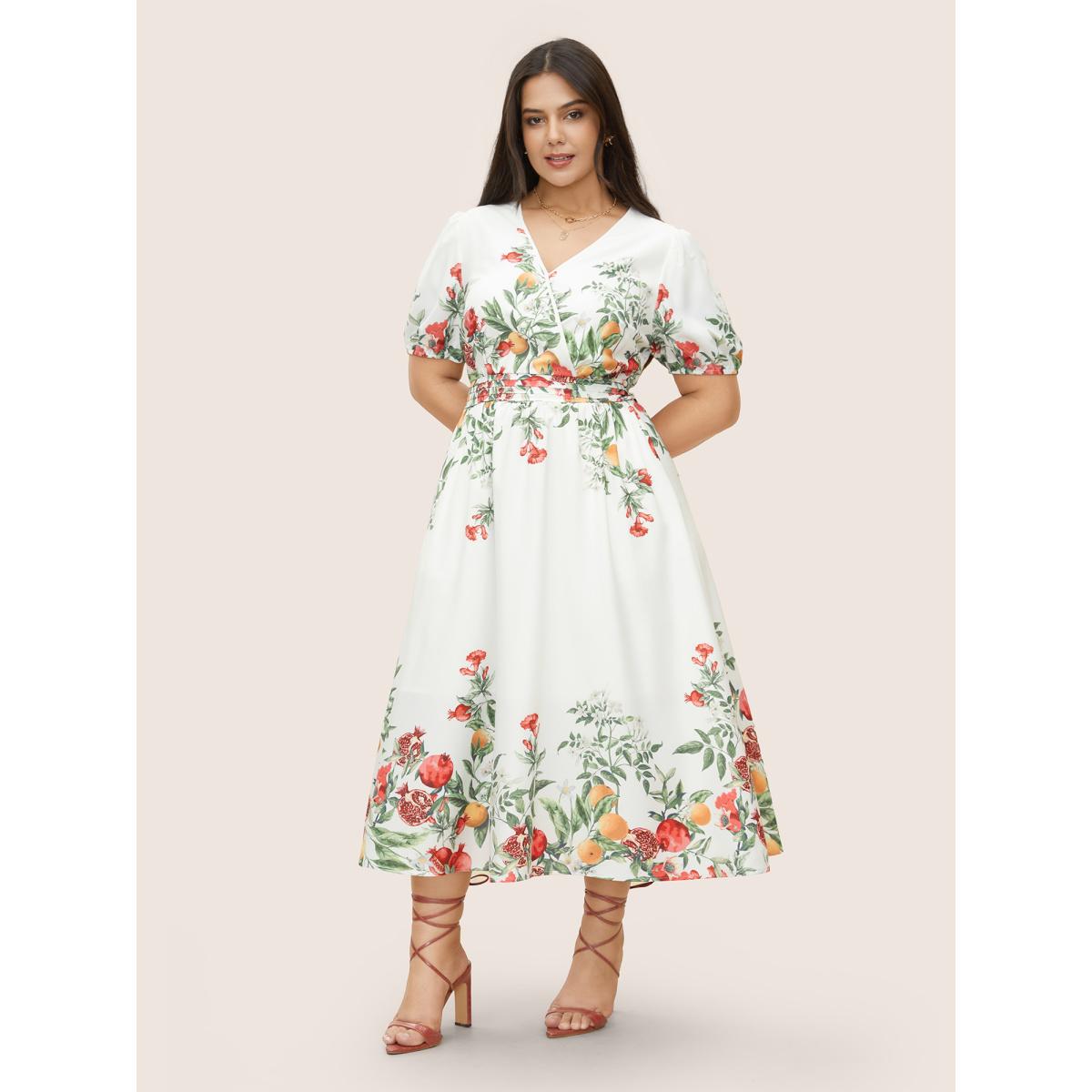 Plus Size Citrus Fruit Print Surplice Neck Pleated Dress White Women Elegant Overlapping Overlap Collar Short sleeve Curvy BloomChic 10/M Product Image