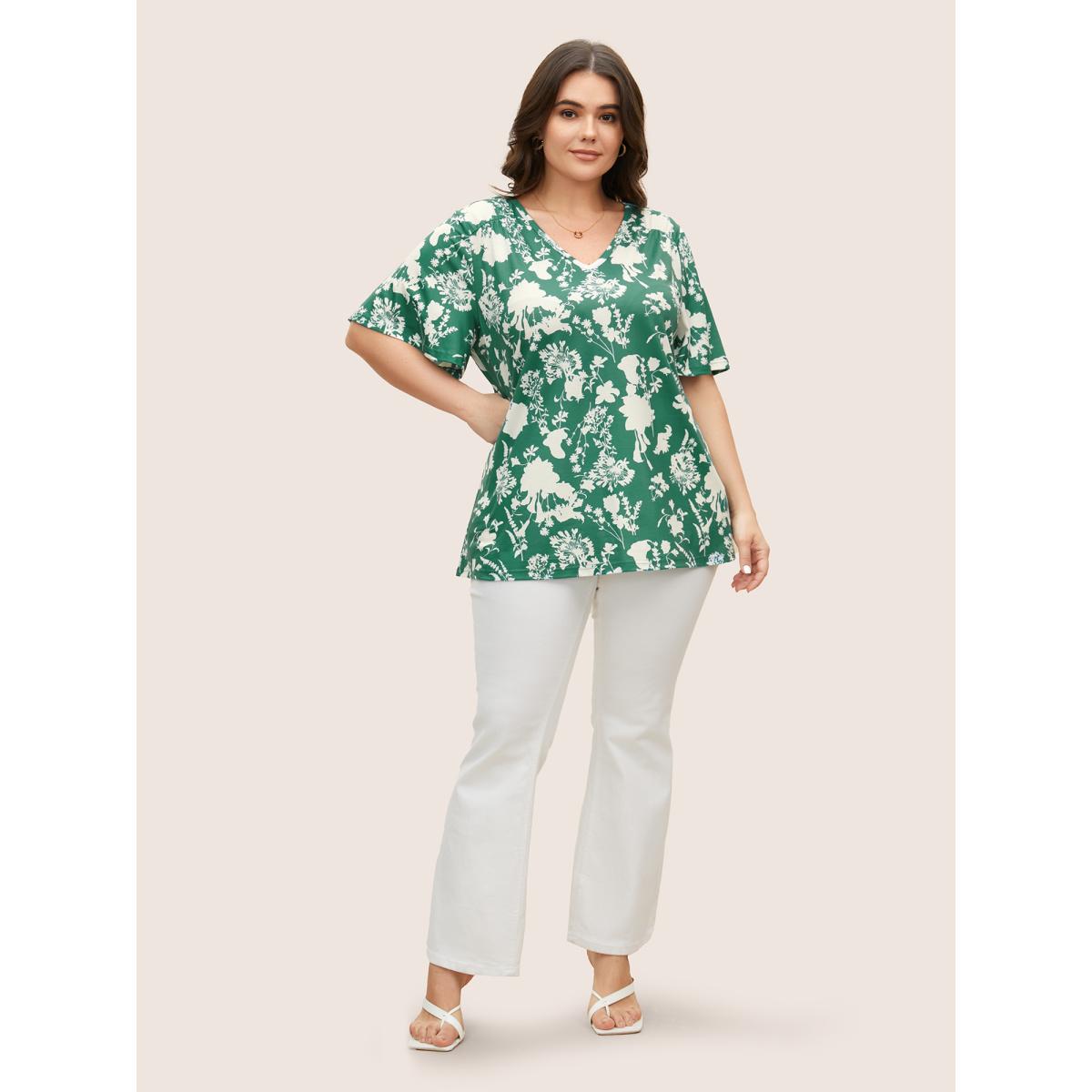 Plus Size Silhouette Floral Print Flutter Sleeve T-shirt DarkGreen Women Elegant Contrast Natural Flowers V-neck Everyday T-shirts BloomChic 12/L Product Image