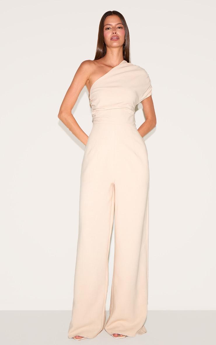 Sand Asymmetric Ruched Wide Leg Jumpsuit Product Image