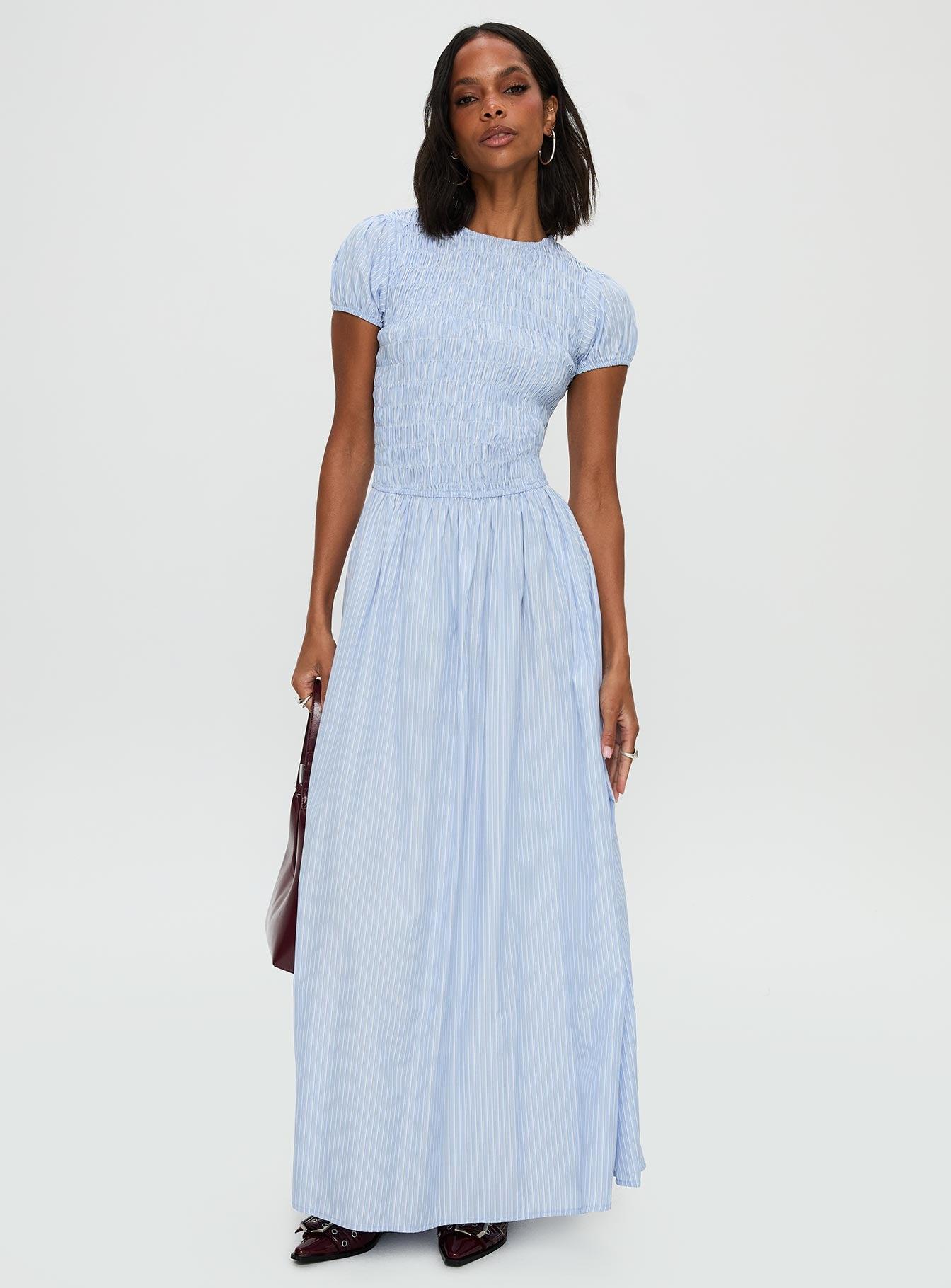 Wendelin Shirred Maxi Dress Blue Stripe Product Image