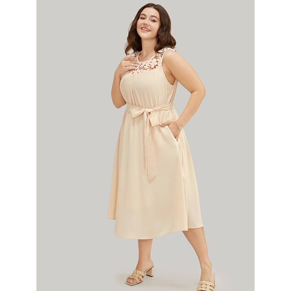 Plus Size Plain Contrast Lace Keyhole Belted Pocket Pompom Trim Tank Dress Beige Women Elegant Lined Round Neck Sleeveless Curvy Midi Dress BloomChic 12/L Product Image