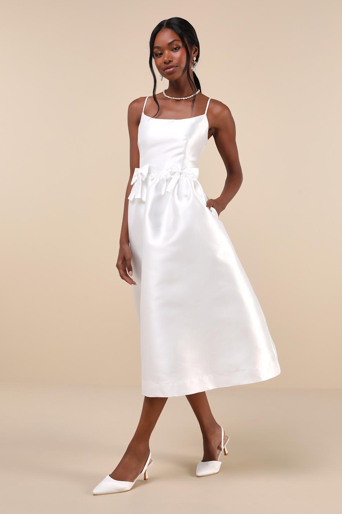 Classy Aesthetic White Taffeta Bow Midi Dress With Pockets Product Image