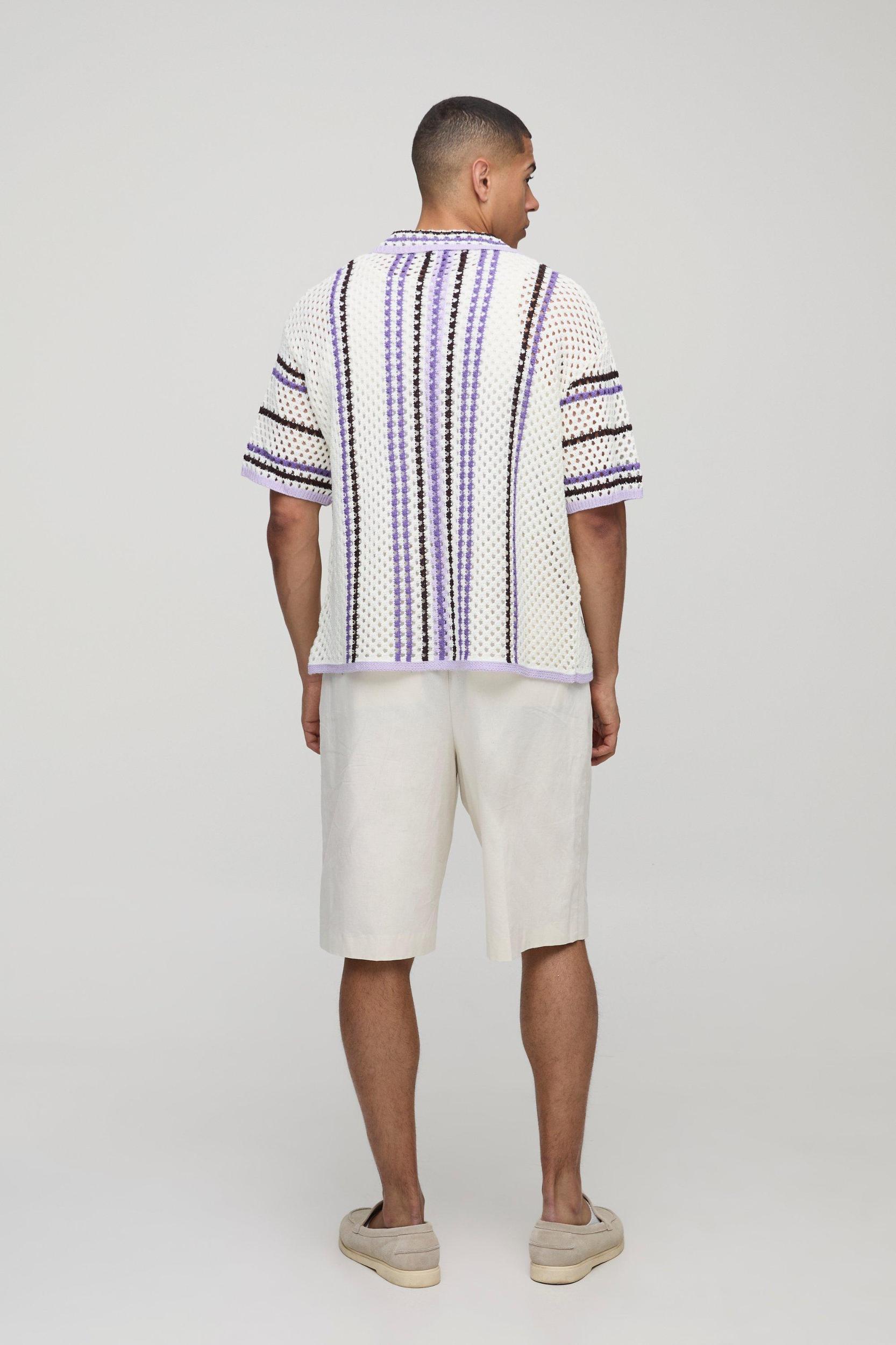Oversized Boxy Open Knit Stripe Shirt | boohooMAN USA Product Image