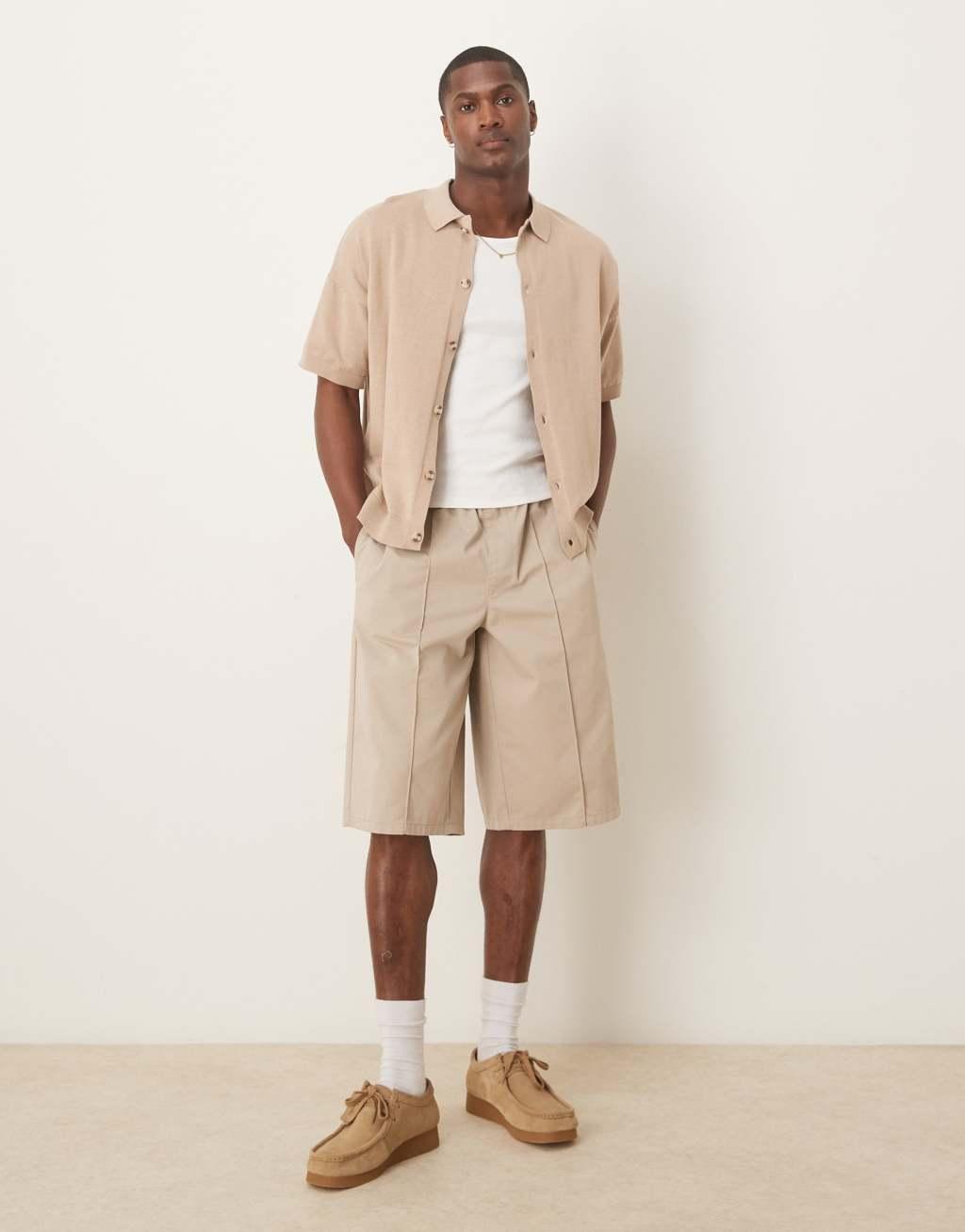 ASOS DESIGN relaxed lightweight knitted cotton button through polo in stone Product Image