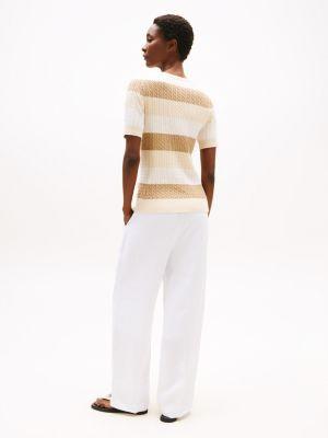 Short-Sleeve Stripe Cable Knit Sweater Product Image