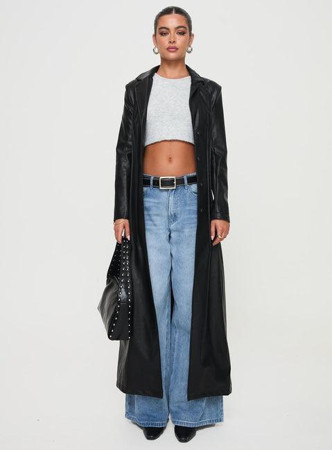 Speak Easy Long Line Faux Leather Coat Black Product Image