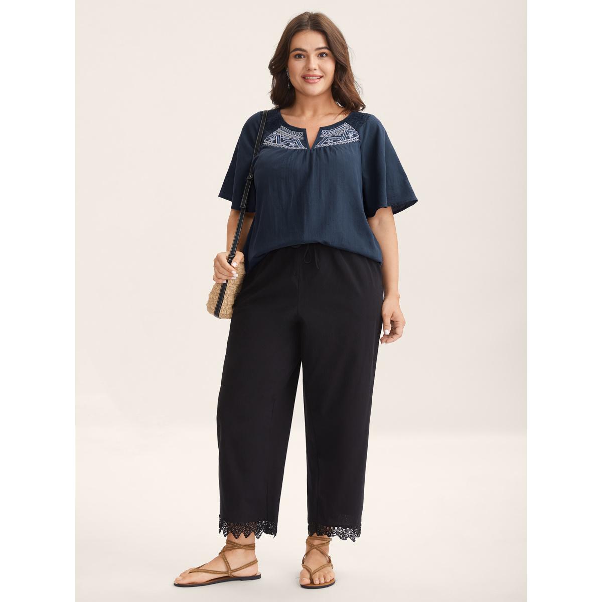 Plus Size Indigo Cotton Boho Embroidered Neck Shirred Shoulder Blouse Women Boho Half Sleeve Notched collar Vacation Blouses BloomChic 26/4X Product Image