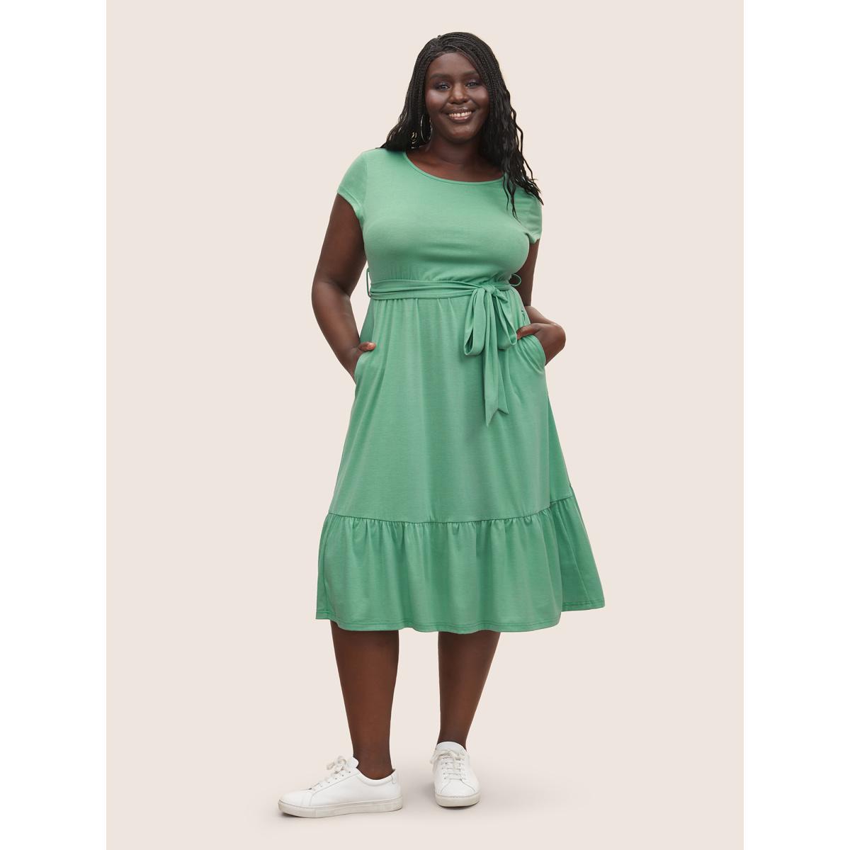 Plus Size Supersoft Essentials Solid Belted Patchwork Hem Dress Mint Women Basics Non Round Neck Cap Sleeve Curvy Midi Dress BloomChic 14-16/1X Product Image