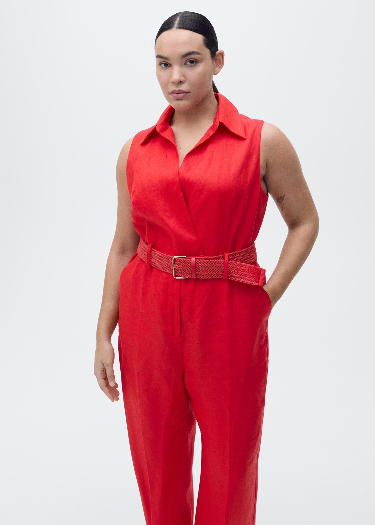 Linen shirt jumpsuit with belt - Women | MANGO USA Product Image