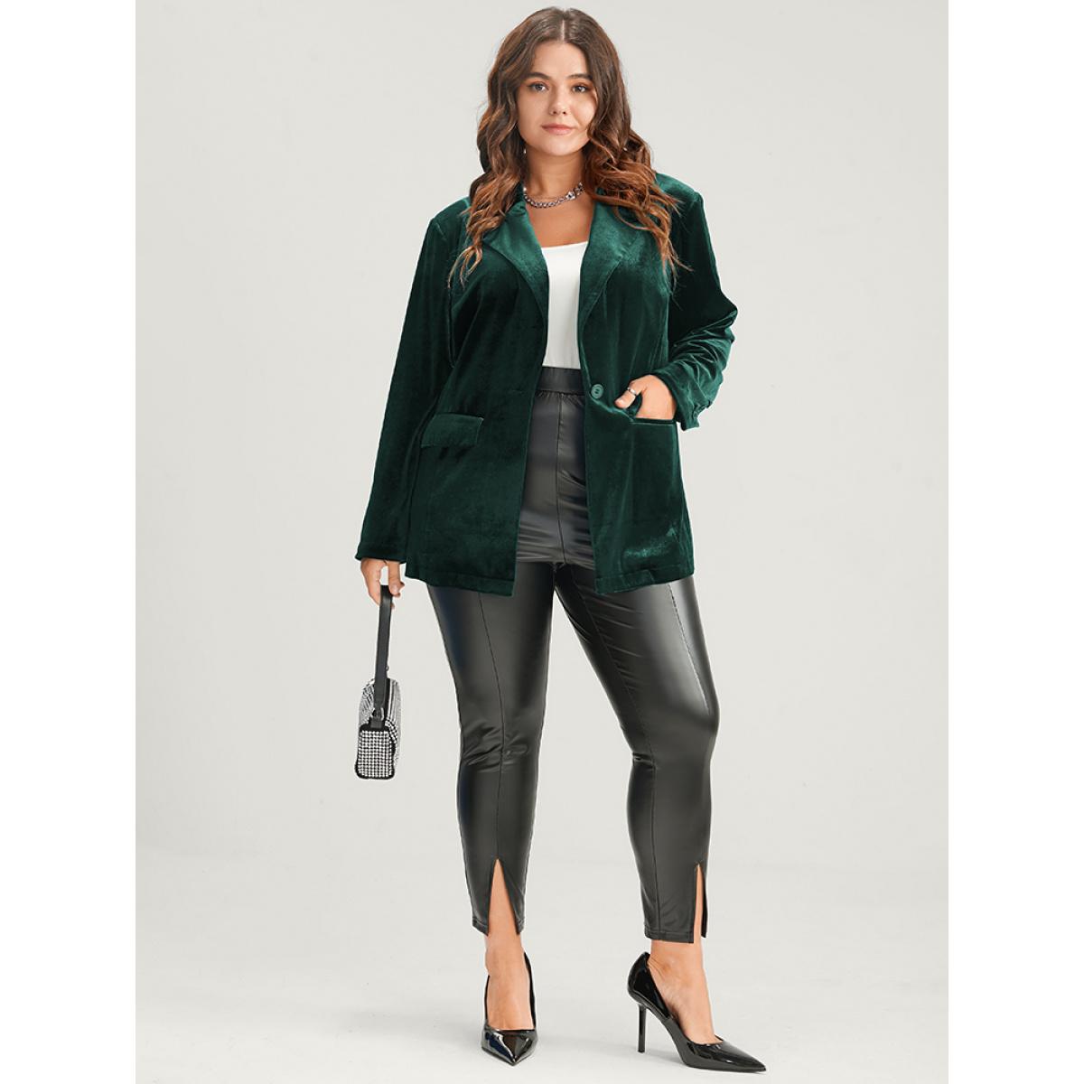 Plus Size Solid Button Flap Pocket Velvet Blazer DarkGreen Women Going out Plain Button Sleeve Long Sleeve Suit Collar 10/M Pocket Party Blazers BloomChic Product Image