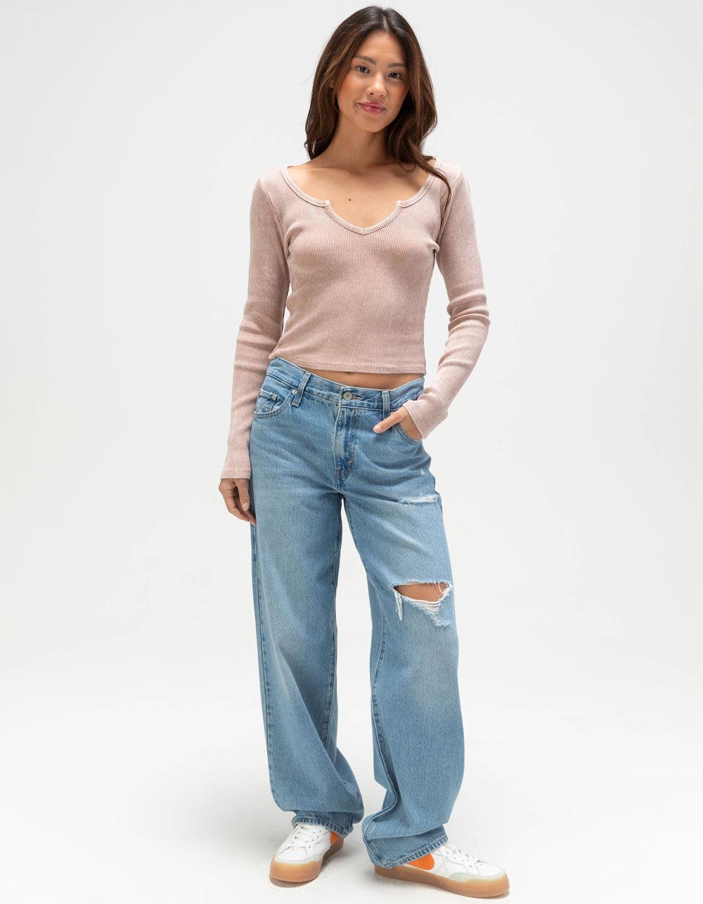 FULL TILT Notch Neck Womens Long Sleeve Rib Top - TAN Product Image