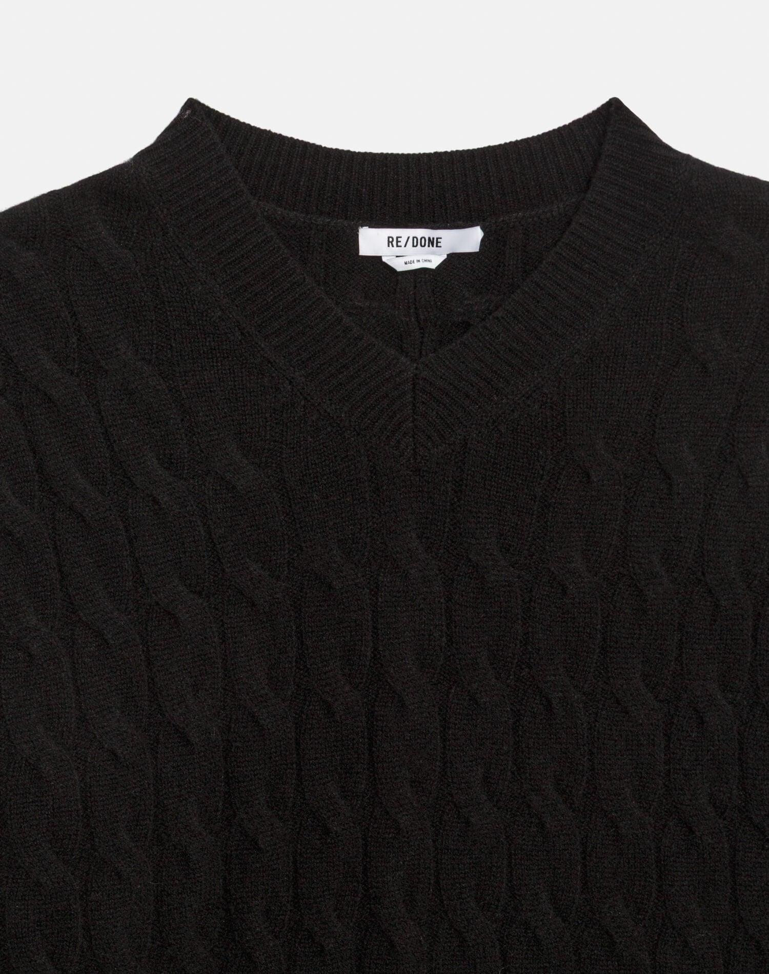 Cable V Neck Pullover - Black Product Image